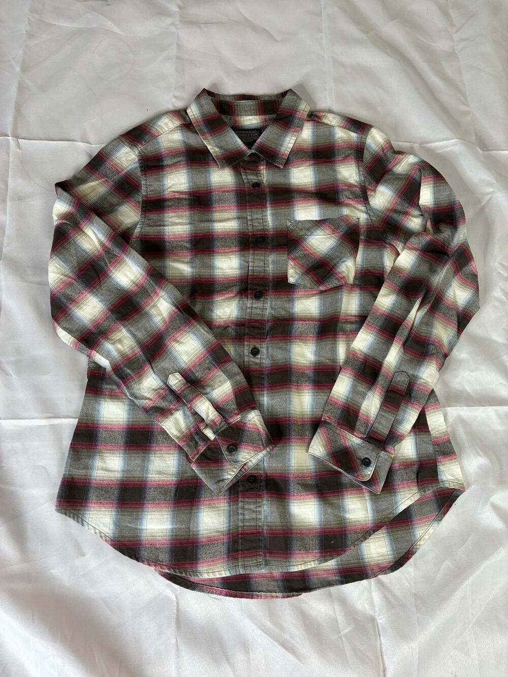 Pendleton Womens Small Plaid Flannel Button Down Shirt Brown Pink Cream L/S
